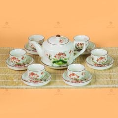 Bộ Ấm Chén Vai Cao Men Kem Vẽ Sen Đỏ