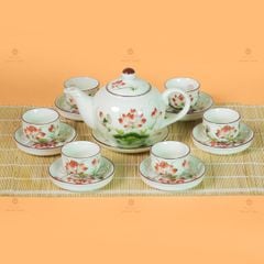 Bộ Ấm Chén Tròn Men Kem Vẽ Sen Đỏ