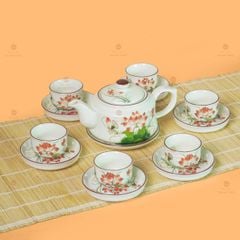 Bộ Ấm Chén Vai Vuông Men Kem Vẽ Sen Đỏ