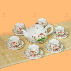 Bộ Ấm Chén Thiên Nga Men Kem Sen Đỏ