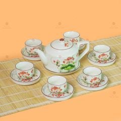 Bộ Ấm Chén Vai Cao Men Kem Vẽ Sen Đỏ