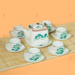 Bộ Ấm Chén Vuông Quai Đồng Vẽ Sen Xanh