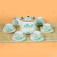 Bộ Ấm Chén Vuông Quai Đồng Vẽ Sen Xanh