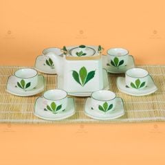 Bộ Ấm Chén Vuông Quai Đồng Vẽ Ngò Gai