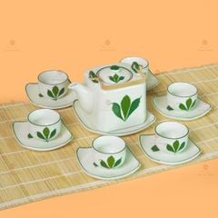 Bộ Ấm Chén Vuông Quai Đồng Vẽ Ngò Gai