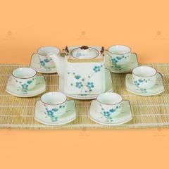 Bộ Ấm Chén Vuông Quai Đồng Vẽ Đào Xanh