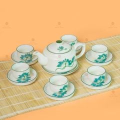 Bộ Ấm Chén Vai Vuông Men Kem Vẽ Sen Xanh