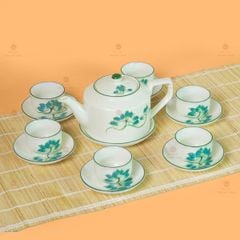Bộ Ấm Chén Vai Cao Men Kem Vẽ Sen Xanh