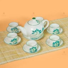 Bộ Ấm Chén Tròn Men Kem Vẽ Sen Xanh