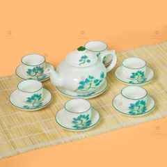 Bộ Ấm Chén Thiên Nga Men Kem Sen Xanh