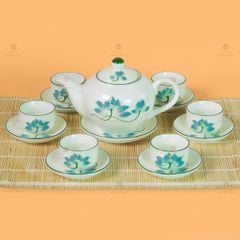 Bộ Ấm Chén Tròn Men Kem Vẽ Sen Xanh