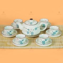 Bộ Ấm Chén Vai Vuông Men Kem Vẽ Đào Xanh