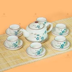 Bộ Ấm Chén Vai Vuông Men Kem Vẽ Đào Xanh