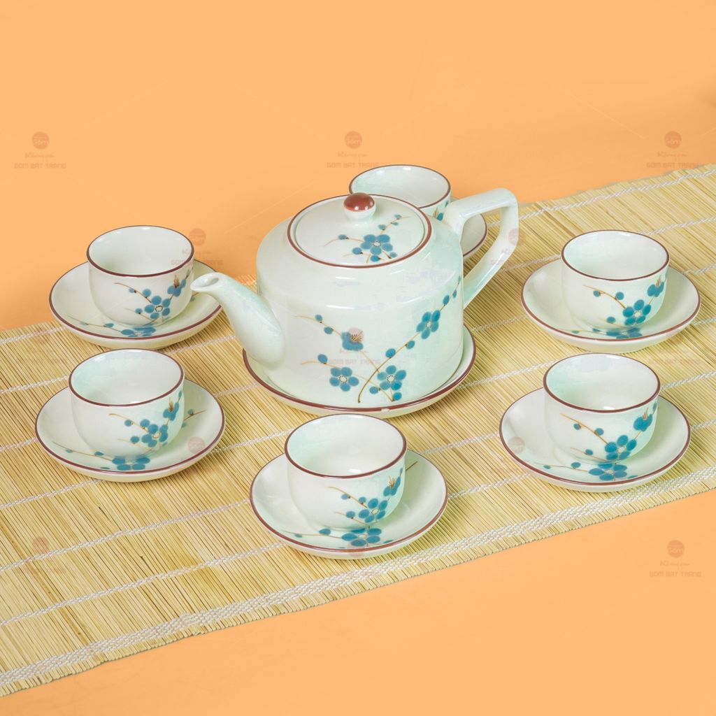 Bộ Ấm Chén Vai Cao Men Kem Vẽ Đào Xanh