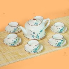 Bộ Ấm Chén Vai Cao Men Kem Vẽ Đào Xanh