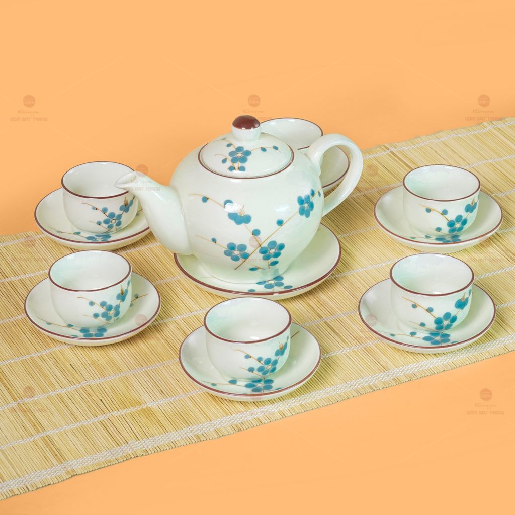 Bộ Ấm Chén Tròn Men Kem Vẽ Đào Xanh