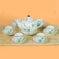 Bộ Ấm Chén Tròn Men Kem Vẽ Đào Xanh