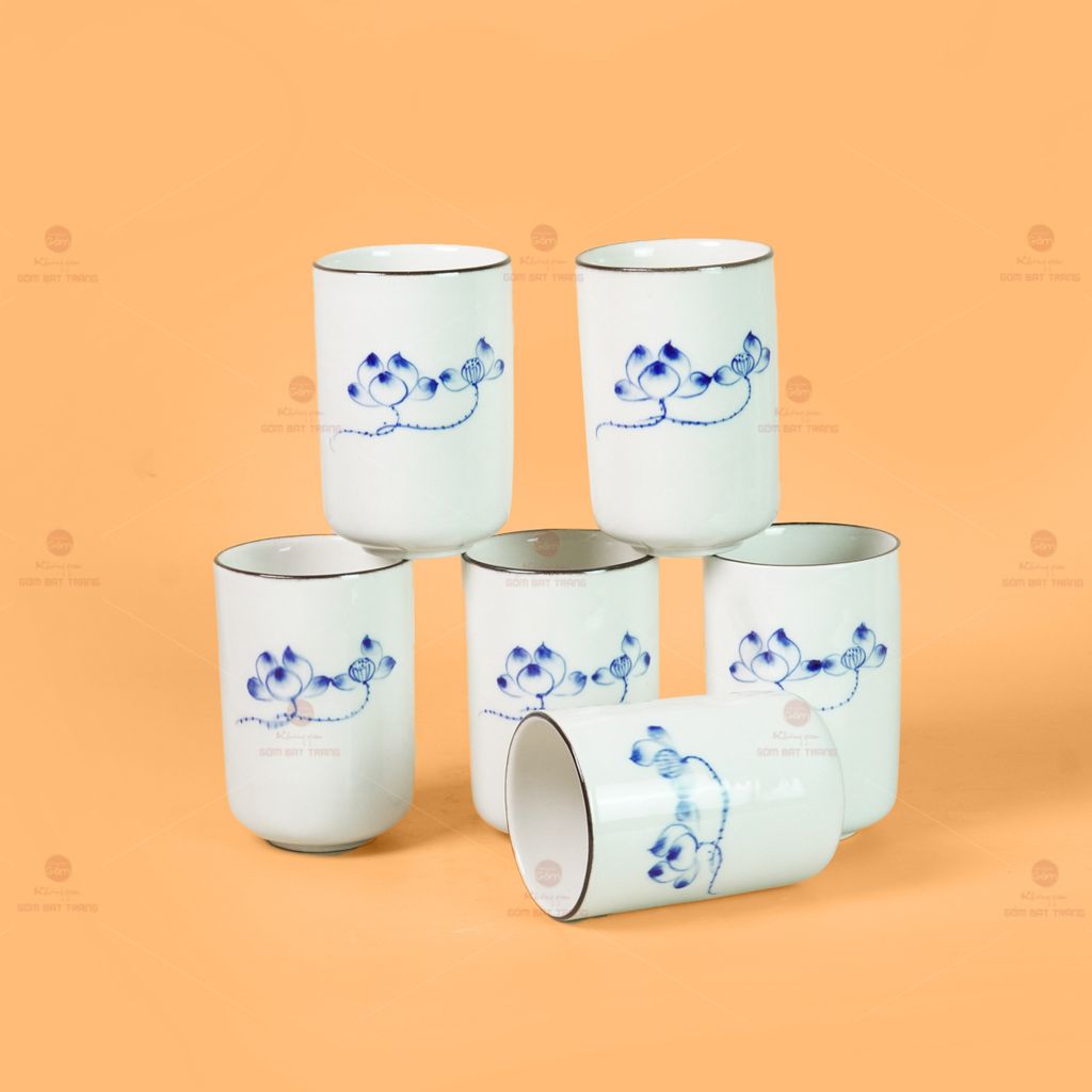 Cốc Uống Trà Dáng Trụ Họa Tiết Hoa Sen