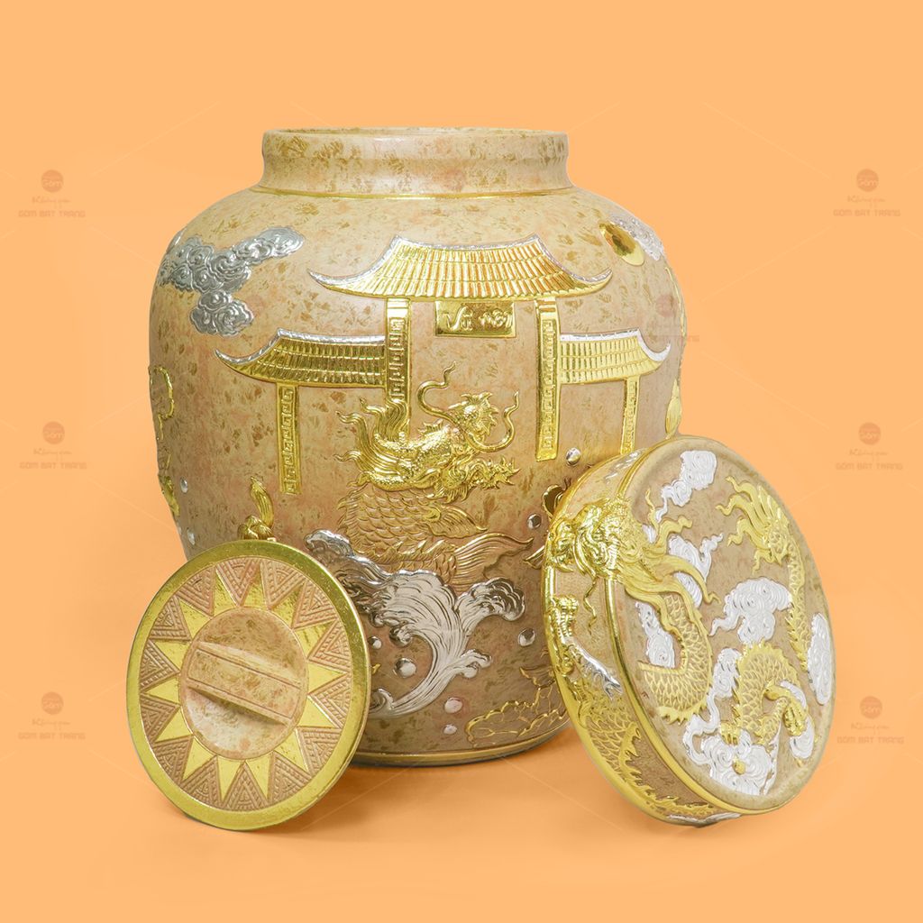 Chum Sành Cá Chép Vượt Vũ Môn Kim Sa Chạm Nổi Dát Vàng