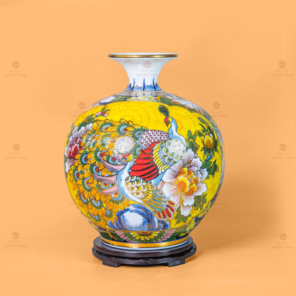 Quả Hút Lộc Nhị Cảnh Men Vàng Thuận Buồm Công Mẫu Đơn Vẽ Vàng