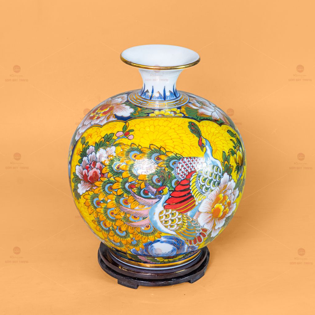 Quả Hút Lộc Nhị Cảnh Men Vàng Thuận Buồm Công Mẫu Đơn Vẽ Vàng