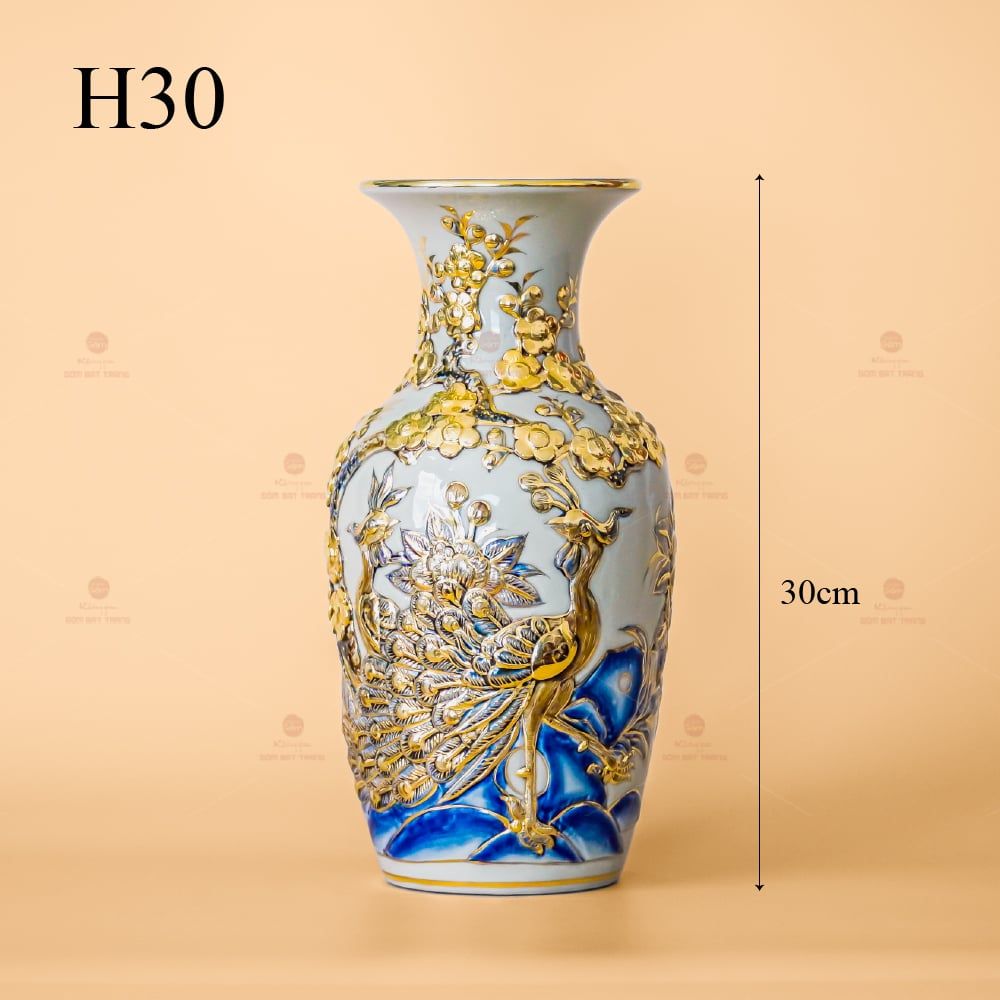 Lọ Hoa Thờ Men Hoàng Tộc Vẽ Vàng Họa Tiết Công Đào