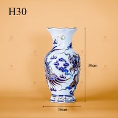Lọ Hoa Thờ Miệng Lượn Rồng Phượng Men Lam Nổi Vẽ Vàng Kim
