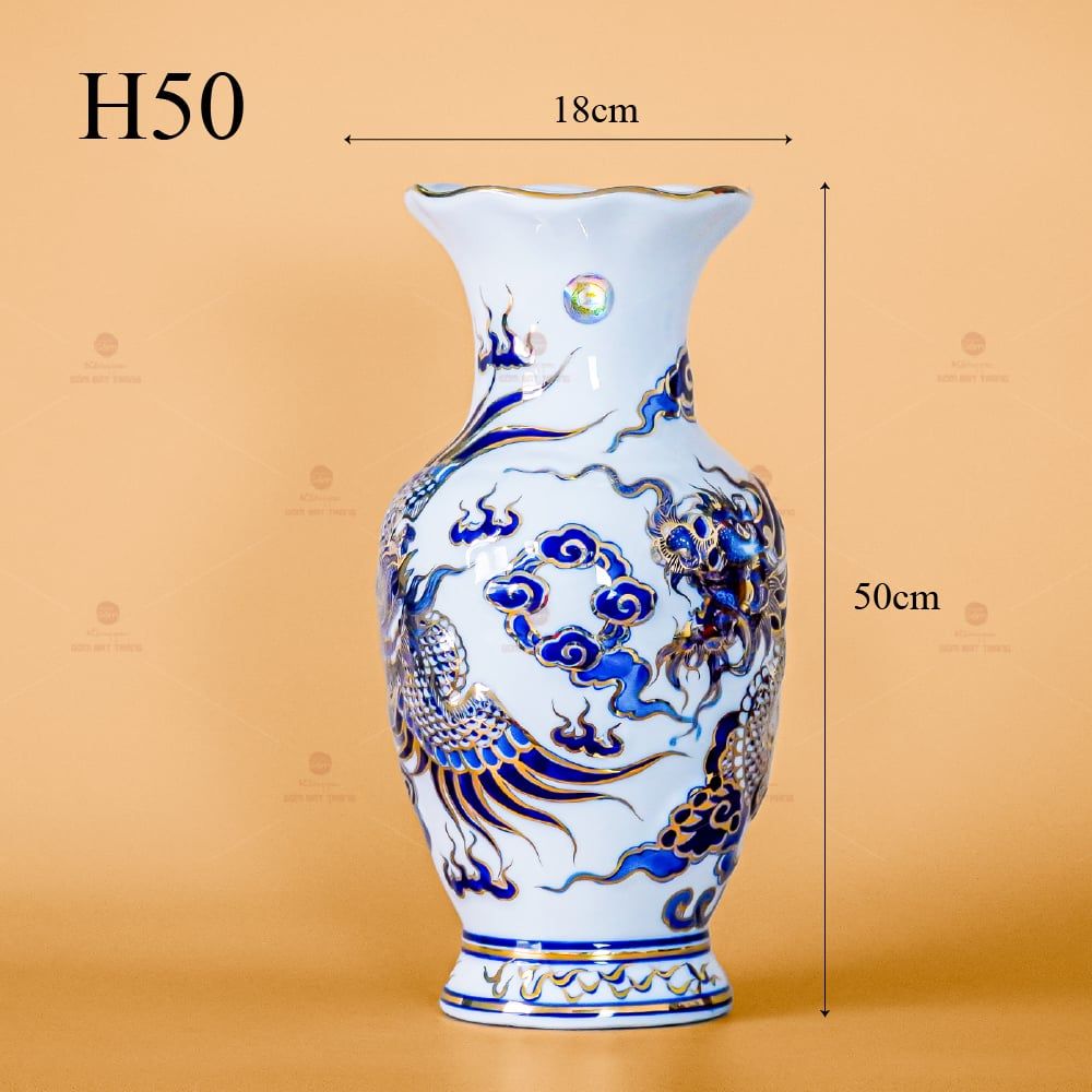 Lọ Hoa Thờ Miệng Lượn Rồng Phượng Men Lam Nổi Vẽ Vàng Kim