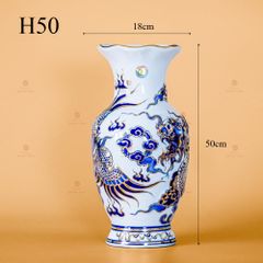 Lọ Hoa Thờ Miệng Lượn Rồng Phượng Men Lam Nổi Vẽ Vàng Kim
