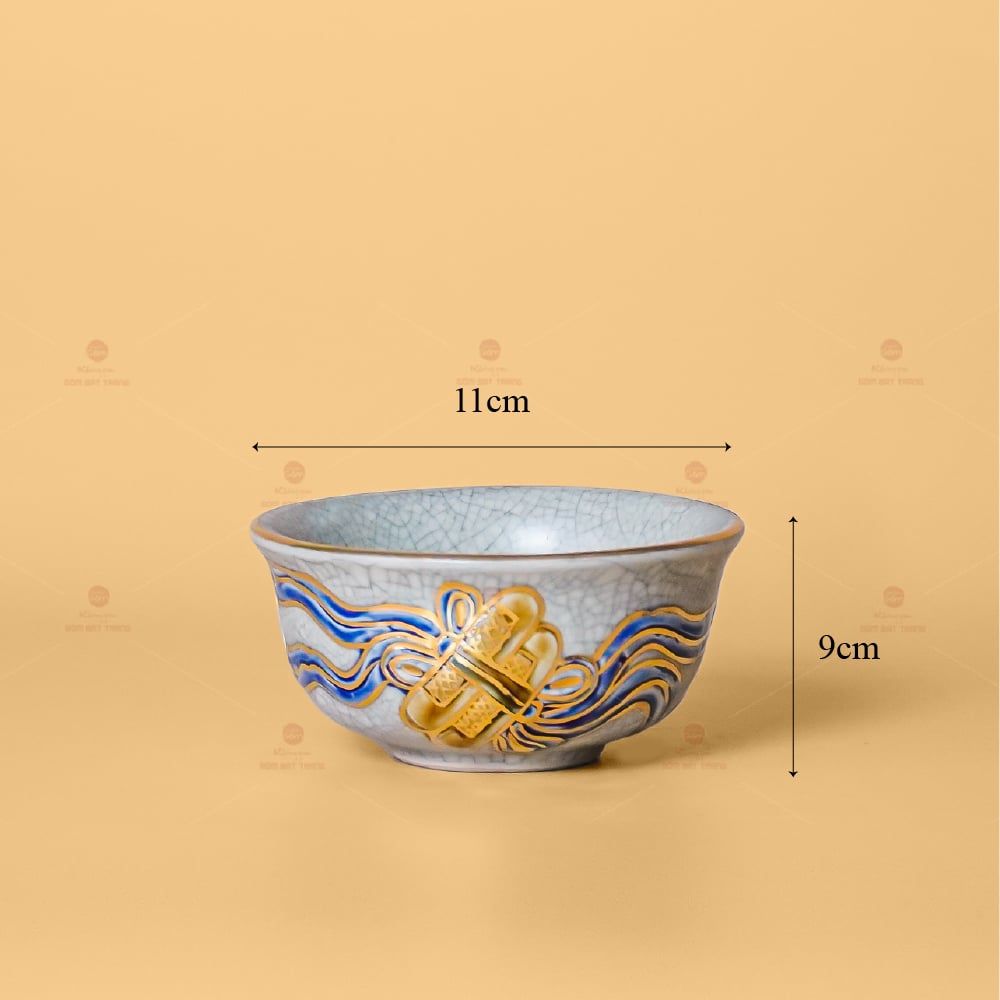 Bát Cơm Thờ Men Rạn Vẽ Vàng Họa Tiết Cuốn Thư