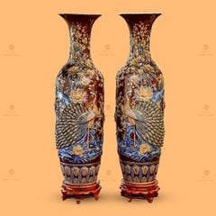 Lộc Bình Công Đào Men Nâu Đắp Nổi Vẽ Vàng