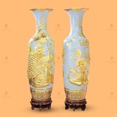 Lộc Bình Công Đào Mẫu Đơn Men Rạn Đắp Nổi Dát Vàng