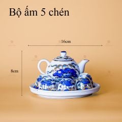 Bộ Ấm Chén Thờ Men Lam Nổi Vẽ Vàng Kim
