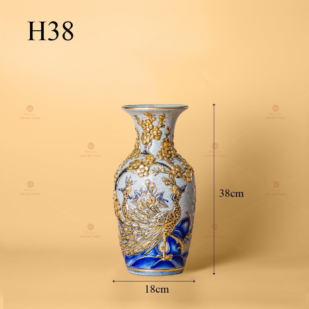 Lọ Hoa Men Rạn Vẽ Vàng Họa Tiết Công Đào