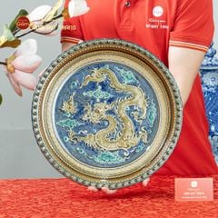 Đĩa Trưng Bày Đắp Nổi Vẽ Màu Nền Xanh Long Cuốn Thủy