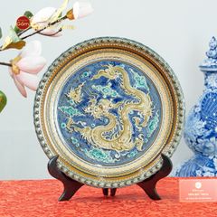 Đĩa Trưng Bày Đắp Nổi Vẽ Màu Nền Xanh Long Cuốn Thủy