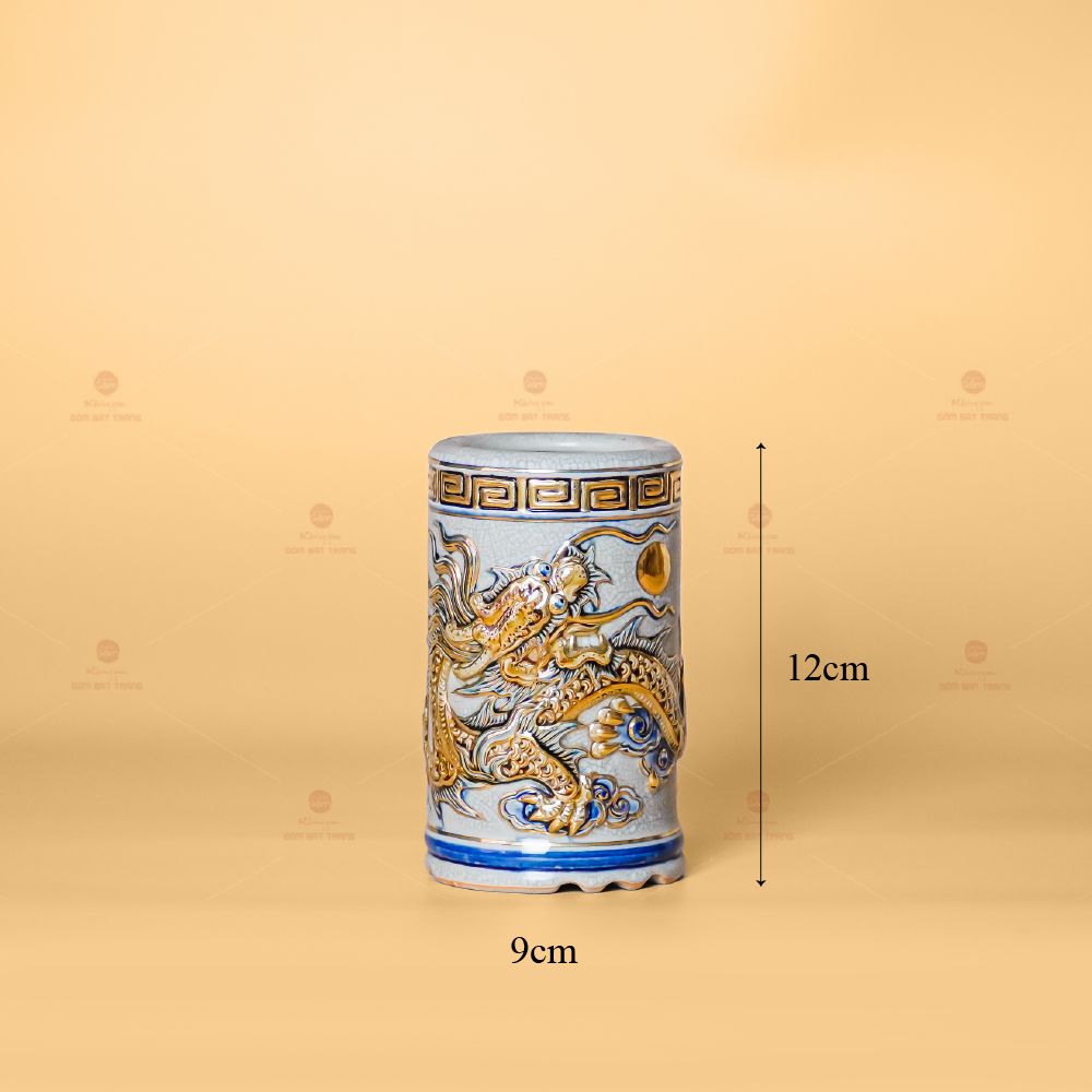 Ống Hương Men Rạn Vẽ Vàng Họa Tiết Kim Long Chầu Nhật