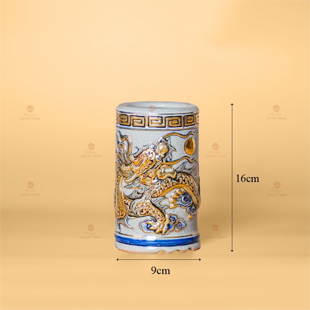 Ống Hương Men Rạn Vẽ Vàng Họa Tiết Kim Long Chầu Nhật