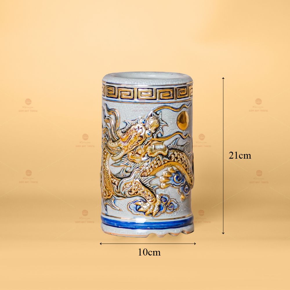 Ống Hương Men Rạn Vẽ Vàng Họa Tiết Kim Long Chầu Nhật