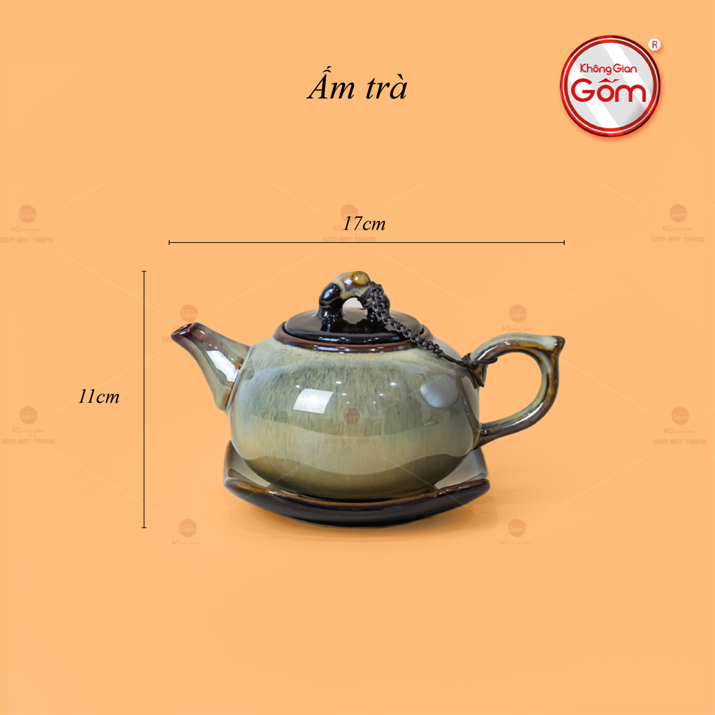 Bộ Ấm Trà Quả Hồng Gấm Men Hỏa Biến Khay Lá Sen