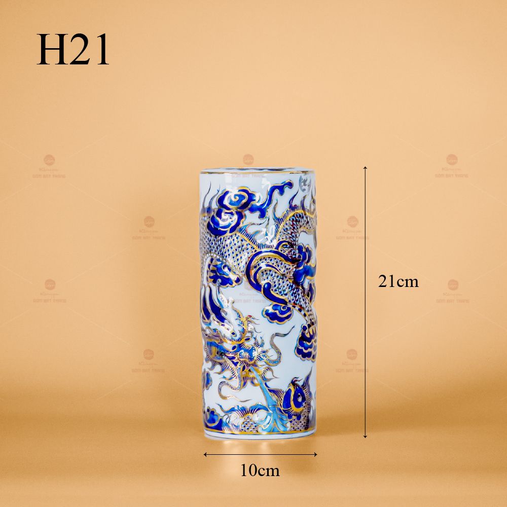 Ống Hương Kim Long Men Lam Nổi Vẽ Vàng Kim