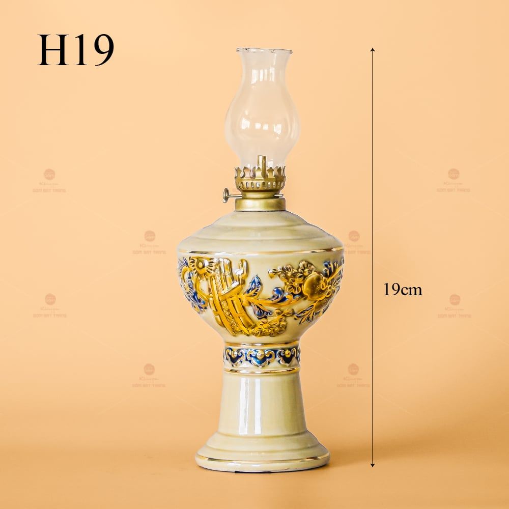 Đèn Dầu Thờ Men Hoàng Tộc Vẽ Vàng Họa Tiết Cuốn Thư