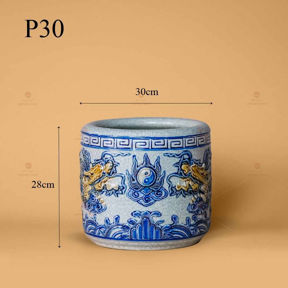 Bát Hương Thờ Men Rạn Nổi Họa Tiết Song Long Chầu Nguyệt