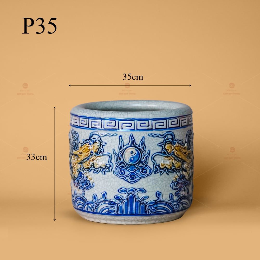 Bát Hương Thờ Men Rạn Nổi Họa Tiết Song Long Chầu Nguyệt