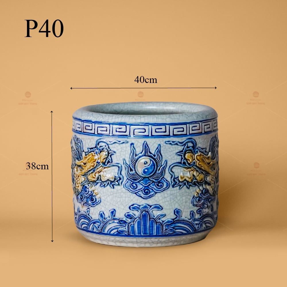 Bát Hương Thờ Men Rạn Nổi Họa Tiết Song Long Chầu Nguyệt