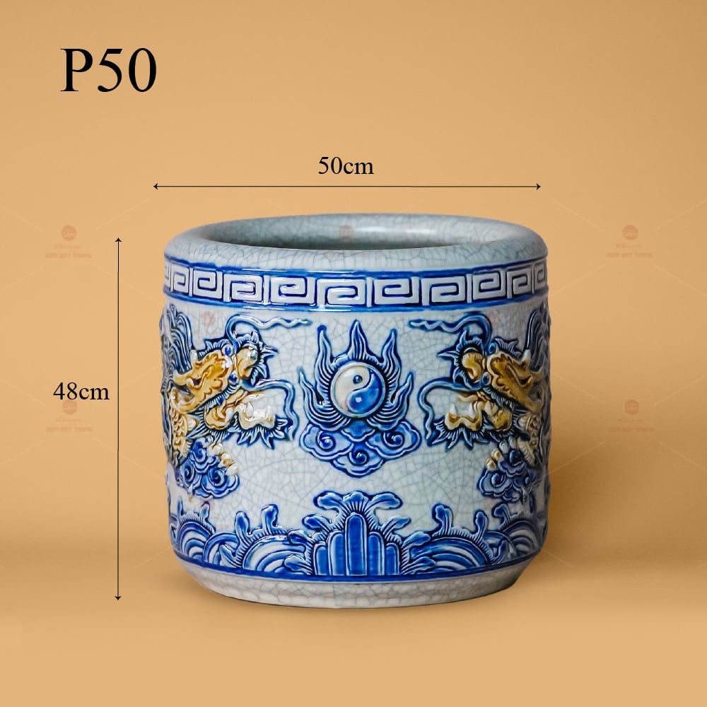 Bát Hương Thờ Men Rạn Nổi Họa Tiết Song Long Chầu Nguyệt
