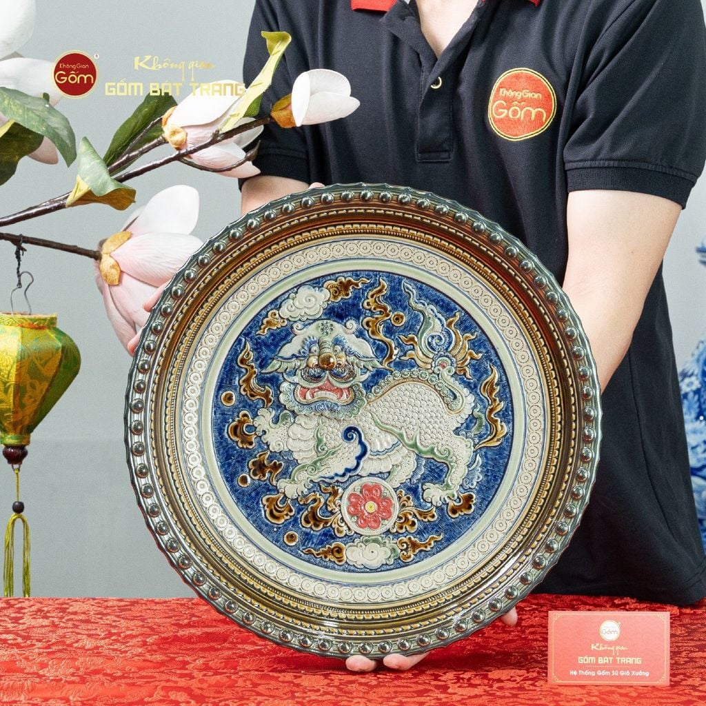 Đĩa Trưng Bày Đắp Nổi Vẽ Màu Lân Quy Phụng