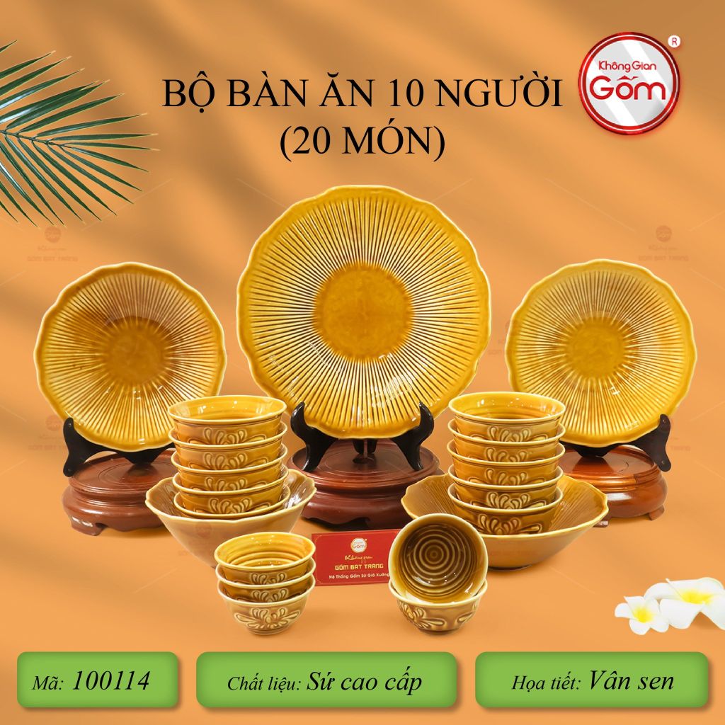 Bộ Bàn Ăn 10 Người (20 Món) Men Nâu Vân Sen