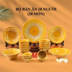 Bộ Bát Đĩa Men Nâu Vân Sen