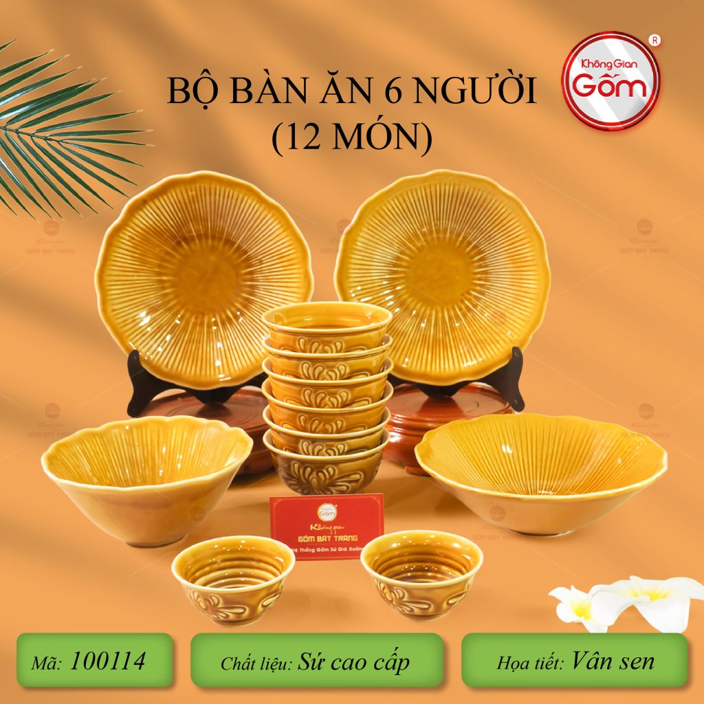 Bộ Bàn Ăn 6 Người (12 Món) Men Nâu Vân Sen
